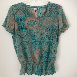 Boho-Chic Teal & Blue Paisley Print Peplum Blouse - Size S